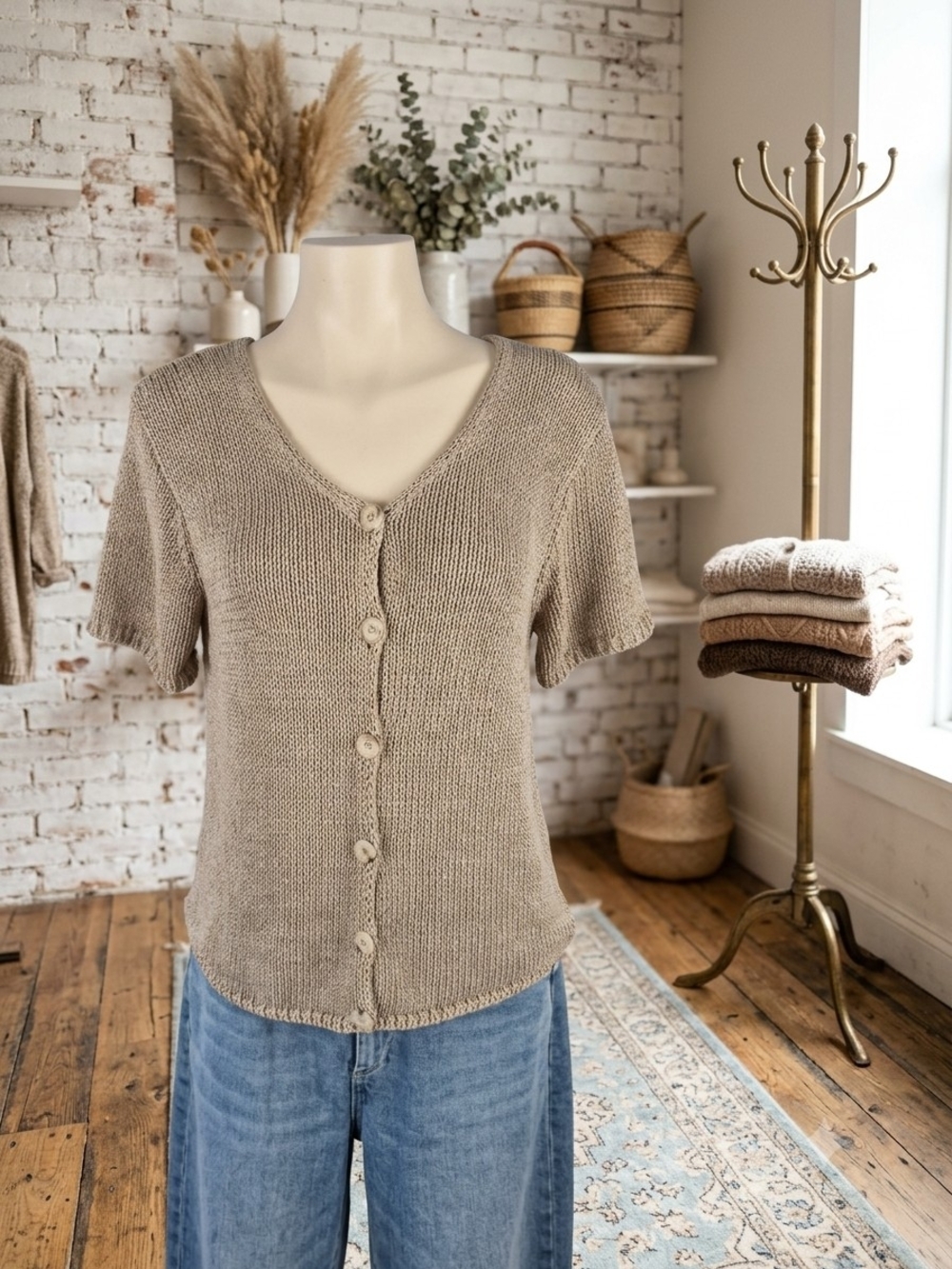 Simons Short-Sleeve V-Neck Button Cardigan - Taupe